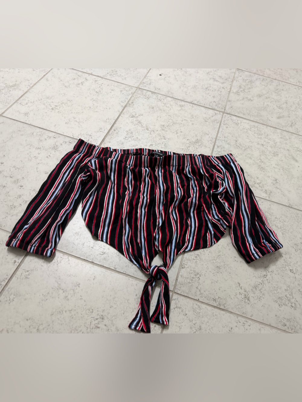 Ambiance Black Red White Blue Striped Off-Shoulder Tie-Front Crop Top Size M